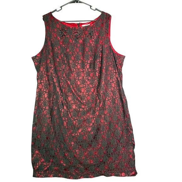Avenue Womens Dress Size 22 Red/Black Lace Overlay Sheath Party Holiday Beaded - Picture 1 of 4